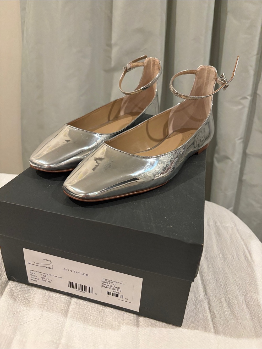 Ann Taylor Metallic Silver Pointed Ankle-Strap Flats